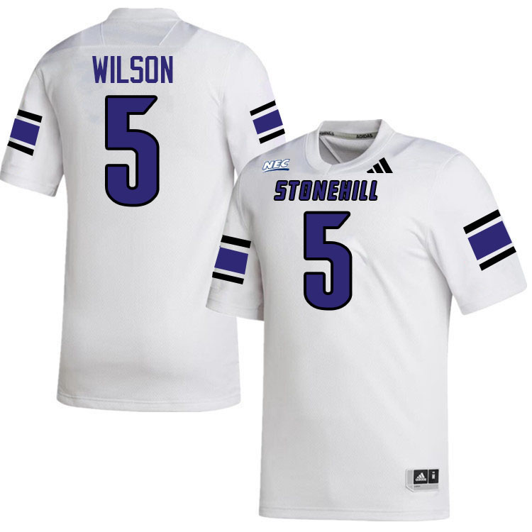 Stonehill Skyhawks #5 Myles Wilson College Football Jerseys,Uniforms Stitched-White